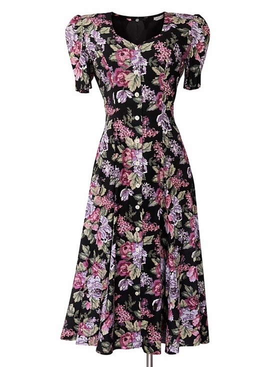 Vintage Dresses & Skirts - Floral Dress with Button-Up Front, Vintage 90s Romantic Cottagecore - small
